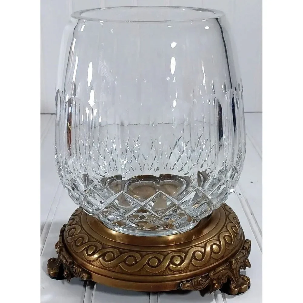 CASTILIAN  LEAD CUT CRYSTAL BRONZE PEDESTAL CANDLE LAMP CENTERPIECE BOWL VASE - Picture 8 of 11